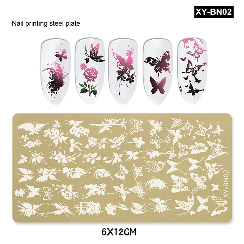 12x6cm Golden Rectangular Nail Stamping Plates Bowknot Butterfly Flower Fireworks Designs Nail Art Template For DIY Nail Decor