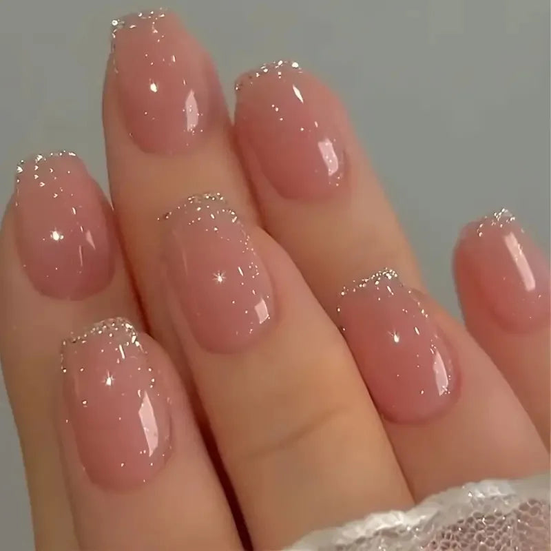 24Pcs Short False Nails with Shimmery Powder Ballet Nail Art Full Cover French Sheer Wearable Nail Manicure Tips for Girls Daily