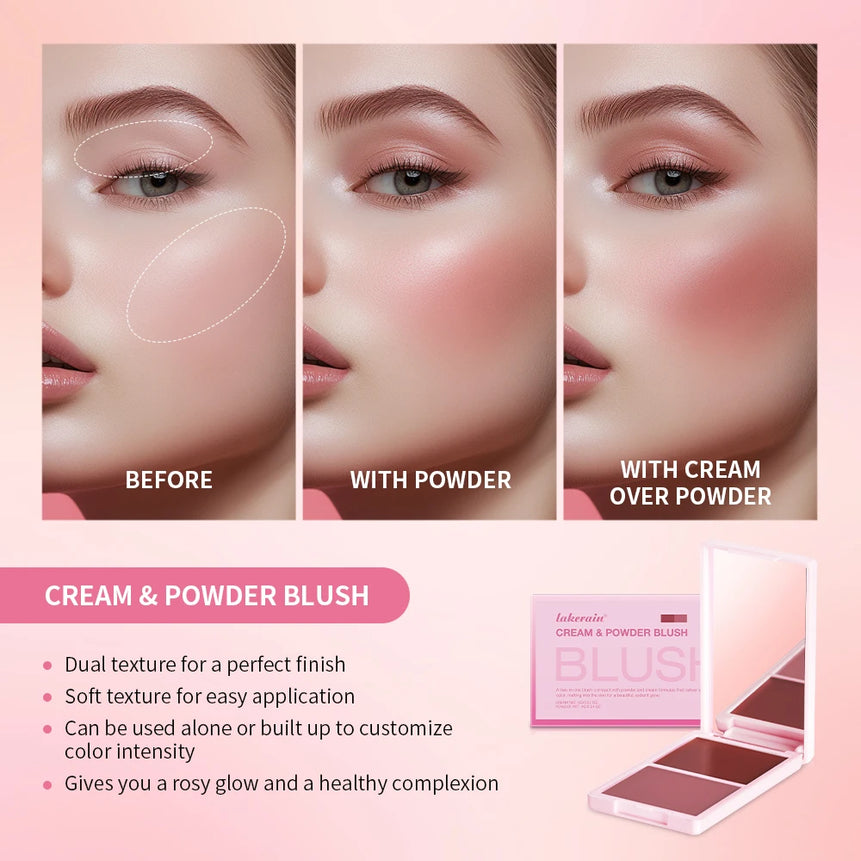 2in1 Cream & Powder Blush Matte Dewy Rosy Blush Makeup Pan Long-lasting Wearing High Pigment Natural Matte Blush Palette