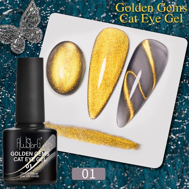 AWStorG 7.5ML Golden Gradient Cat Eye Magnetic Gel Sparkling Glitter Nail Polish Semi Permanent UV Nail Art No Need Base Color
