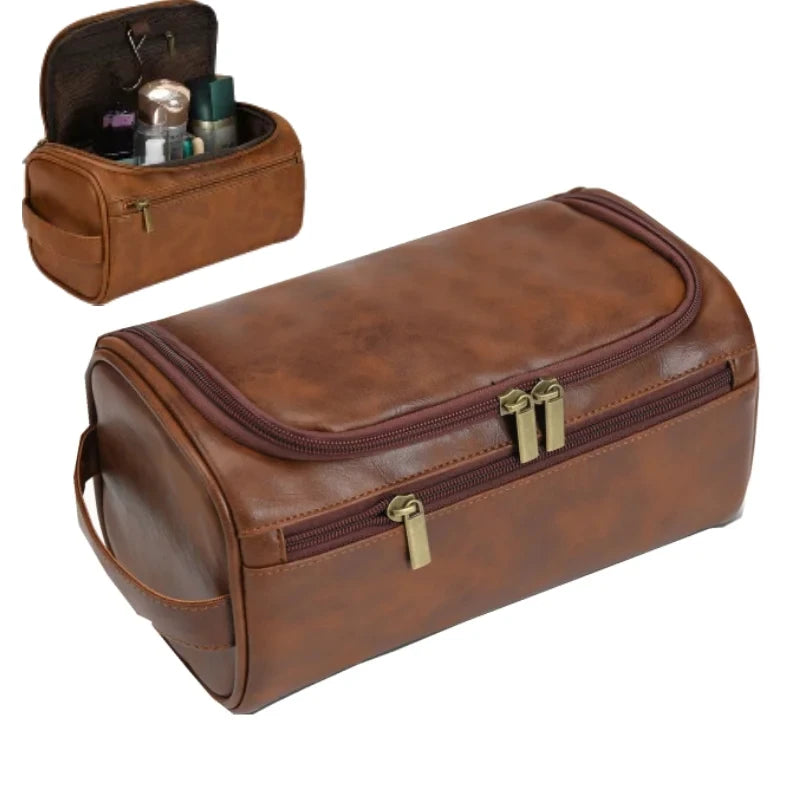 Men's Vintage Toiletry Bag - Luxury Travel Cosmetic Case Hanging Wash Bag for Business Trips Male Makeup Organizer Storage Pouch