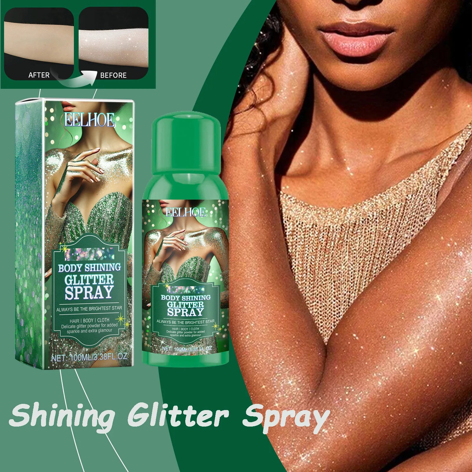 Shining Glitter Spray Fashion Highlighter Powder Spray for Hair Body Clothing Lasting Radiant Glow for Christmas Holiday Party