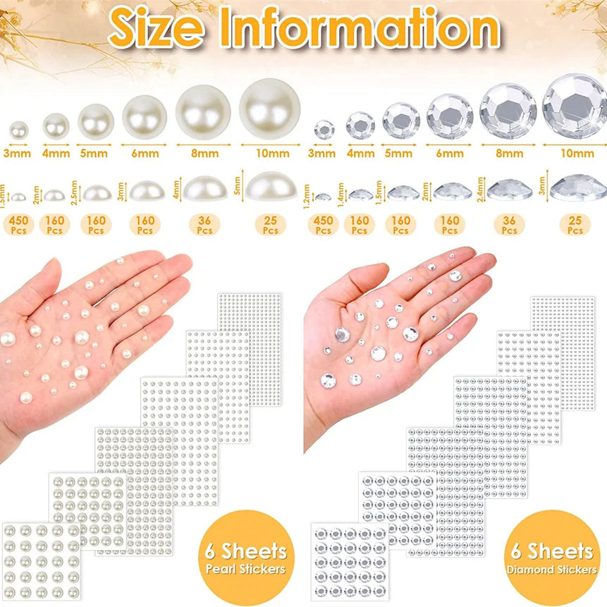 991-1982pcs Self Adhesive Pearls Rhinestones Stickers 6 Sizes Stick on Face Hair Ear 3D Jewels Gems Kids Scrapbooking DIY Toys