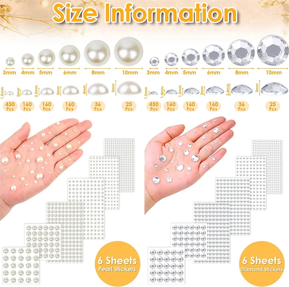 991-1982pcs Self Adhesive Pearls Rhinestones Stickers 6 Sizes Stick on Face Hair Ear 3D Jewels Gems Kids Scrapbooking DIY Toys