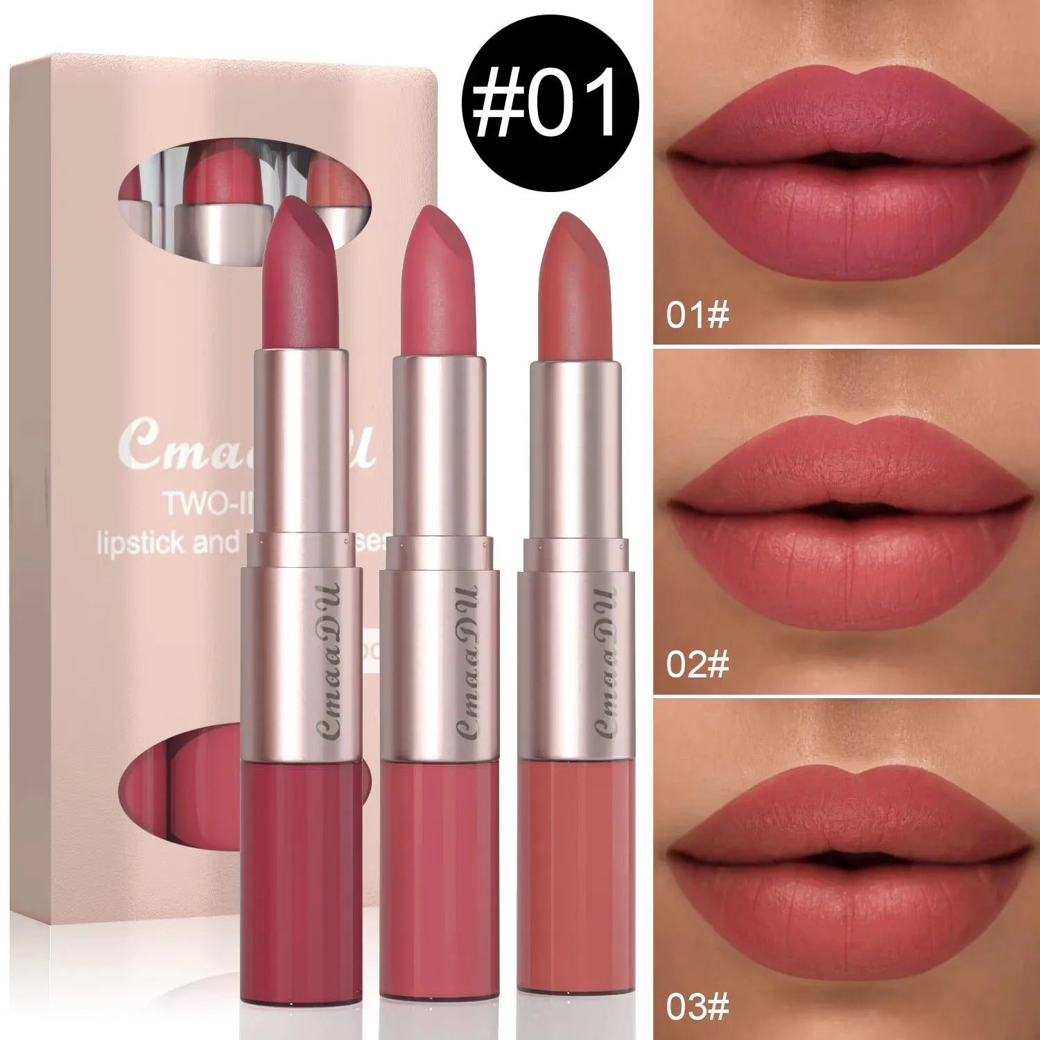 3 Pcs Long-Lasting Lipstick Lip Gloss Set-Double Headed Design for Natural Non-Fading Waterproof Non-stick Cup Exquisite Gift