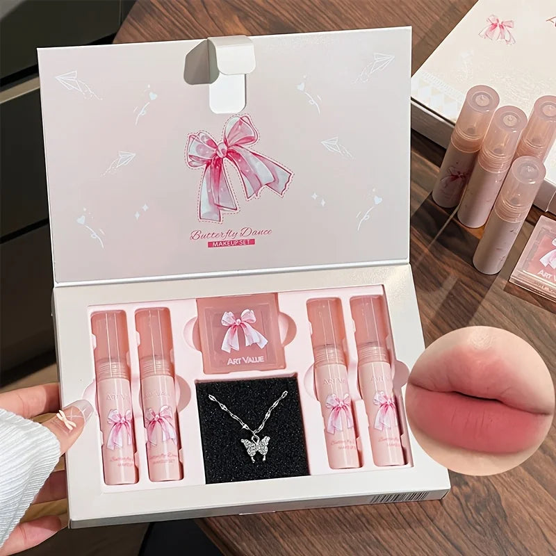 Butterfly Lip Gloss Makeup set,Full Gift Box Liquid Lipstick Necklace Blush Kit for Birthday Christmas Valentine's Day Matte Lip