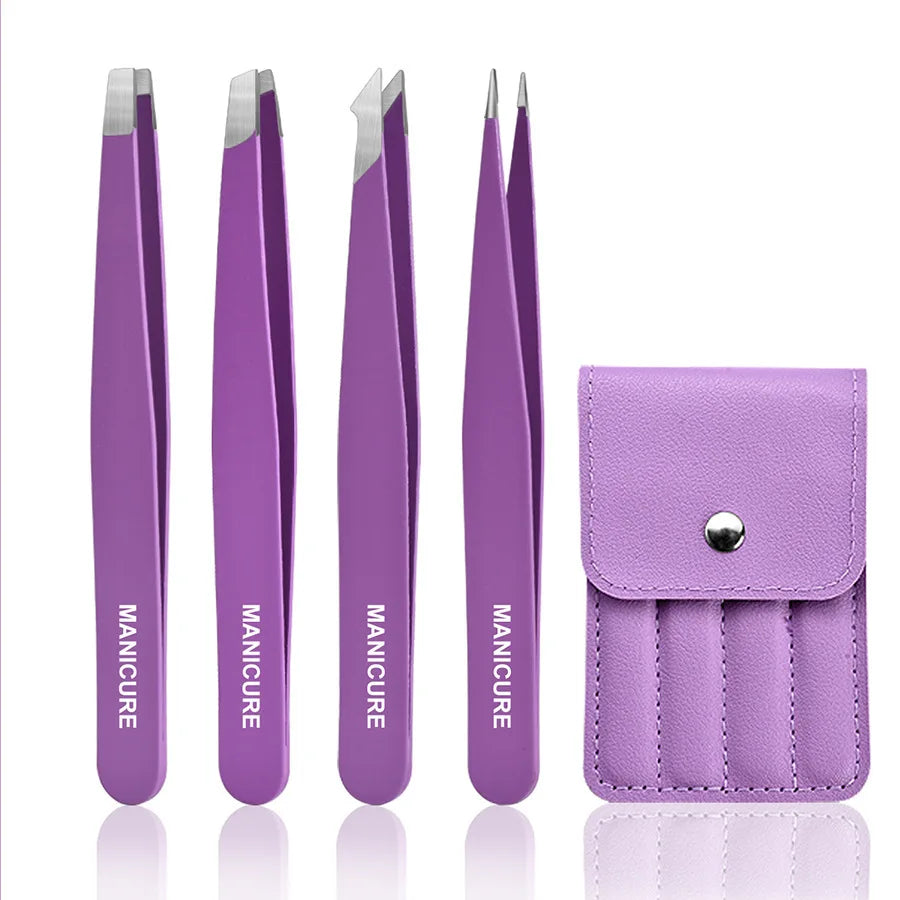 4-piece stainless steel eyebrow tweezers purple set makeup tools for eyelash extension, eyebrow shaping, hair removal