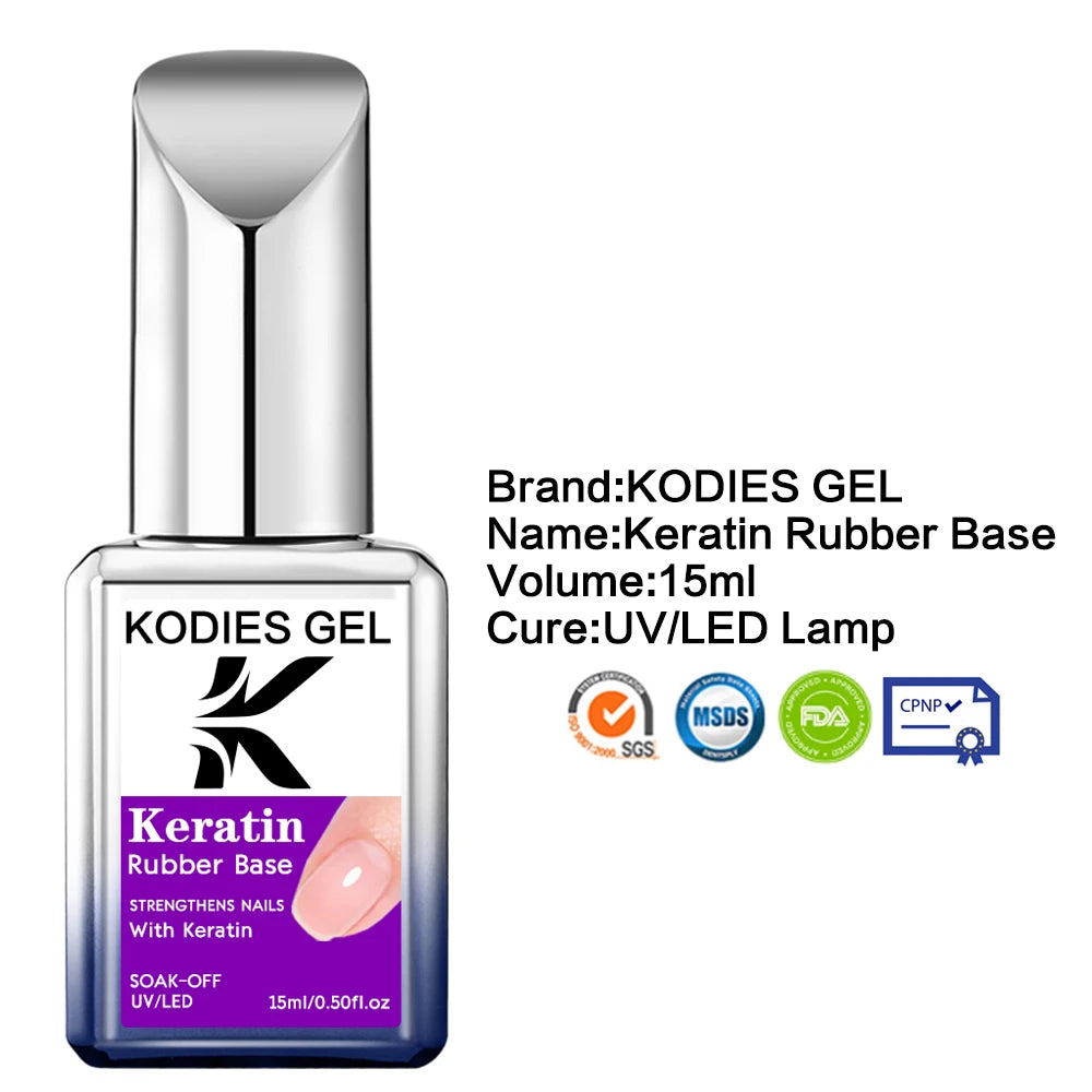 KODIES GEL Keratin Rubber Base Coat 15ML Nail Strengthener Gel Nail Polish Semi permanent UV Durable Base Varnish Protects Nails
