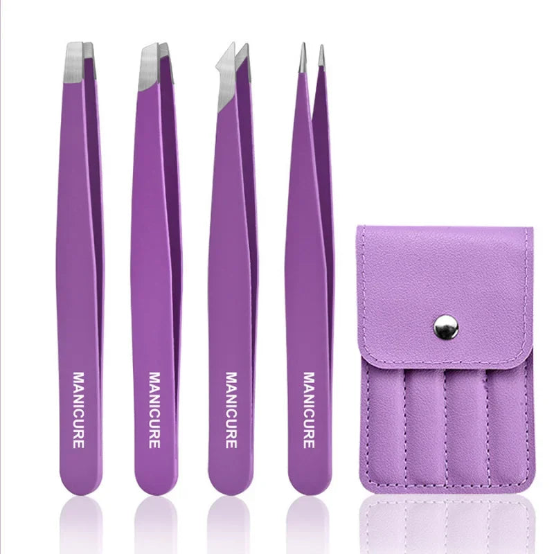 4-piece stainless steel eyebrow tweezers purple set makeup tools for eyelash extension, eyebrow shaping, hair removal