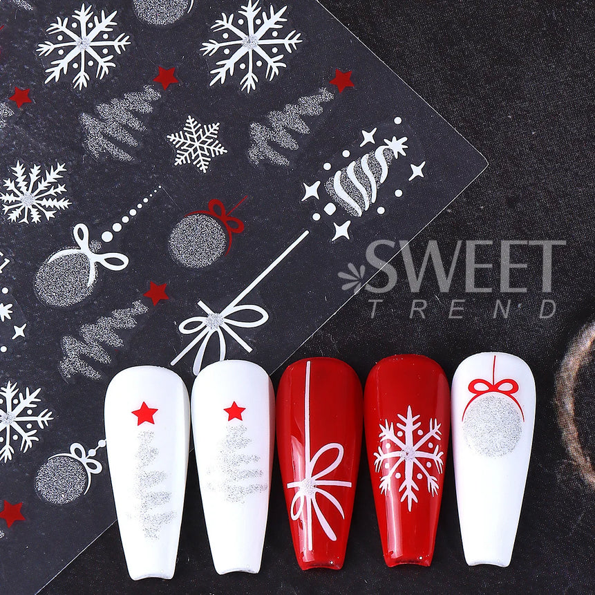 2pcs Sparkle Silver Winter Nail Sticker Geometry Snowflakes Xmas Tree Decorative Balls Adhesive Sliders Christmas Manicure Decal