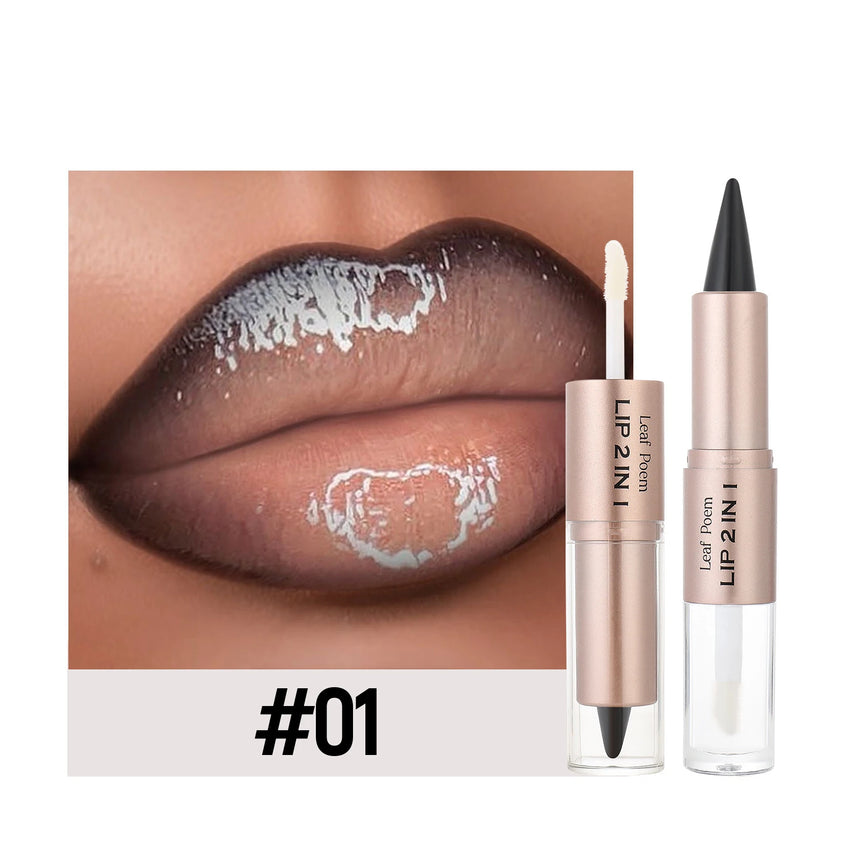 2 IN 1 Nude Brown Pink Mirror Lip Gloss Tapered Gradient Lipliner Contour Pencil Matte Lip Liner Waterproof Sexy Lipstick Makeup
