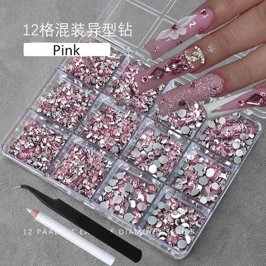 12Grids(400-500pc) 3D White Flat-Back Nail Art Rhinestones Irregular Resin Gems Nail Jewels for Face Eye Makeup Nail Decorations