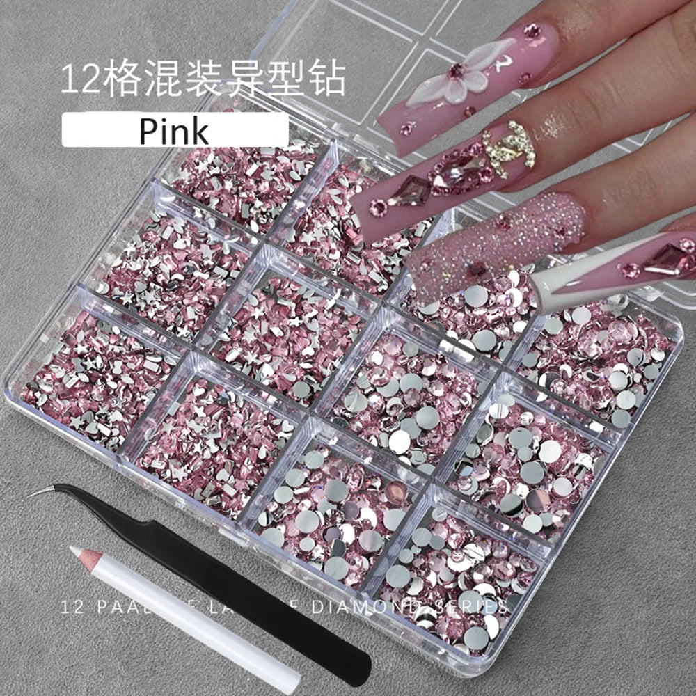 12Grids(400-500pc) 3D White Flat-Back Nail Art Rhinestones Irregular Resin Gems Nail Jewels for Face Eye Makeup Nail Decorations