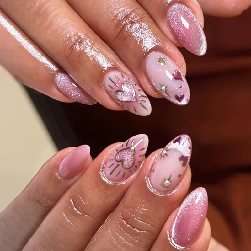 24Pcs Metallic Cat Eye French Sheer Manicure Tip Art Textured 3D Acrylic False Nails Nude Pink Almond Medium Press on Fake Nails