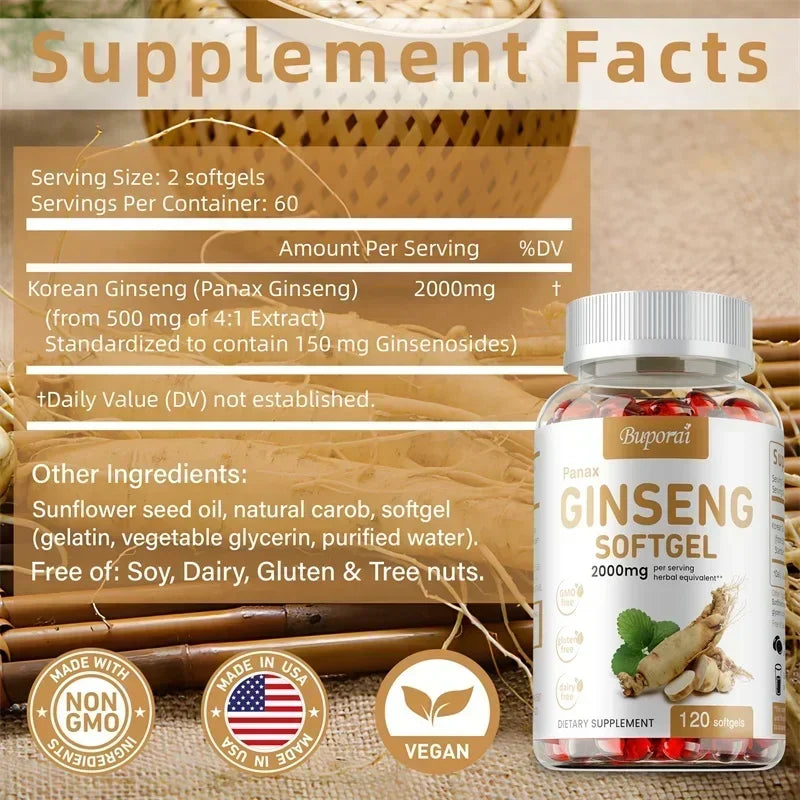 Red Panax Ginseng Capsules - for Immunity, Energy, Fatigue and Stress Relief, and Mental Focus