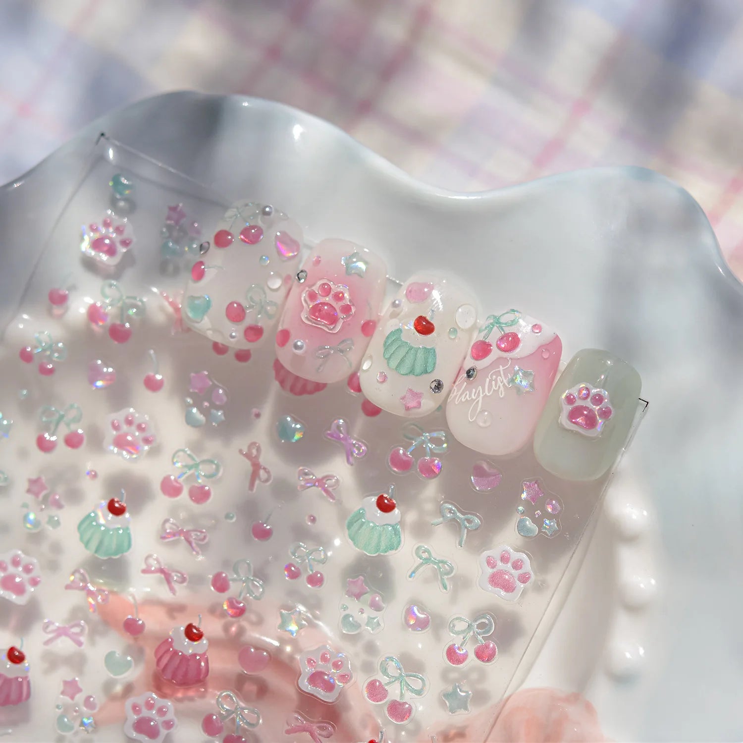 1pcs Cute Small Cat Claw Cherry Nail Art Charms Stickers Shiny 5D Jelly Cherry Pudding Bows Design Adhesive Sliders Nail Decals