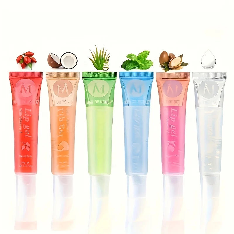 6/12Pcs Fruity Watery Glossy Lip Gloss Set VE, Rosehip, Argan, Mint, Aloe, Coconut Flavor Clear Lip Oil Moisturizing Lip Plumpin