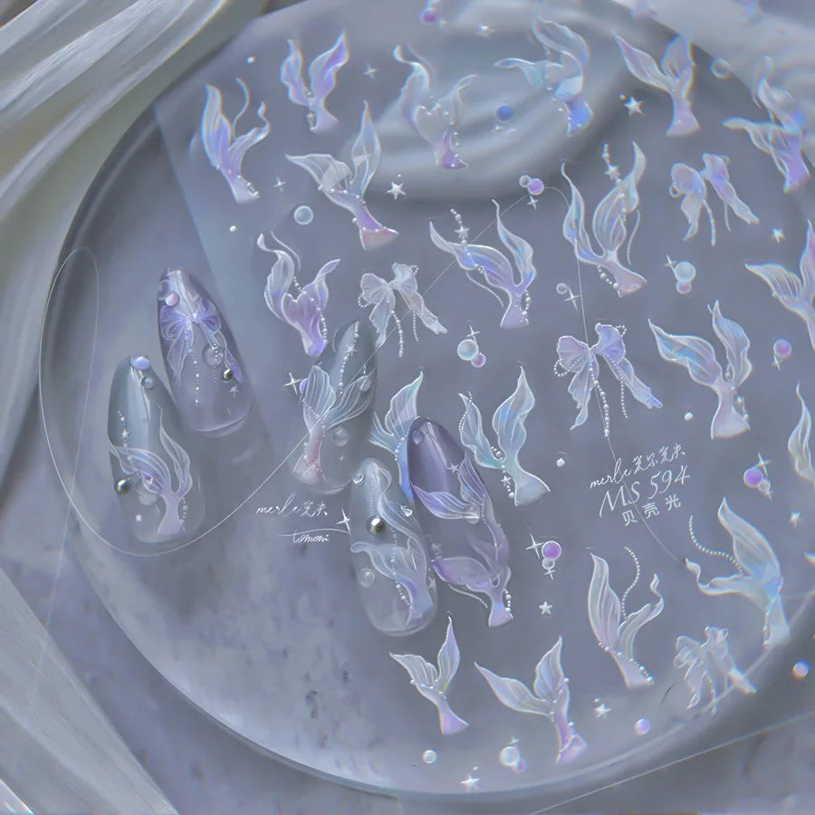 Goldfish Cavort Water Grass Lotus Flower Leaf Brocaded Carp Koi Ripple Droplet Water Bubbles 5D Nail Art Stickers Manicure Decal