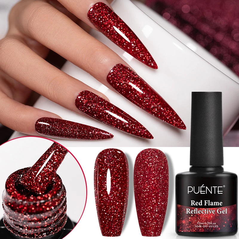 PUENTE 7.5ML Red Flame Reflective Gel Nail Polish Flash Sparkling Red Glitter Nail Gel Soak Off UV Semi-permanent Nail Varnish