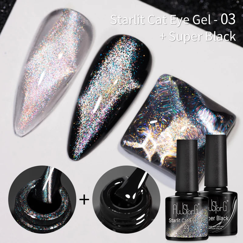 AWStorG 7.5ML Golden Gradient Cat Eye Magnetic Gel Sparkling Glitter Nail Polish Semi Permanent UV Nail Art No Need Base Color