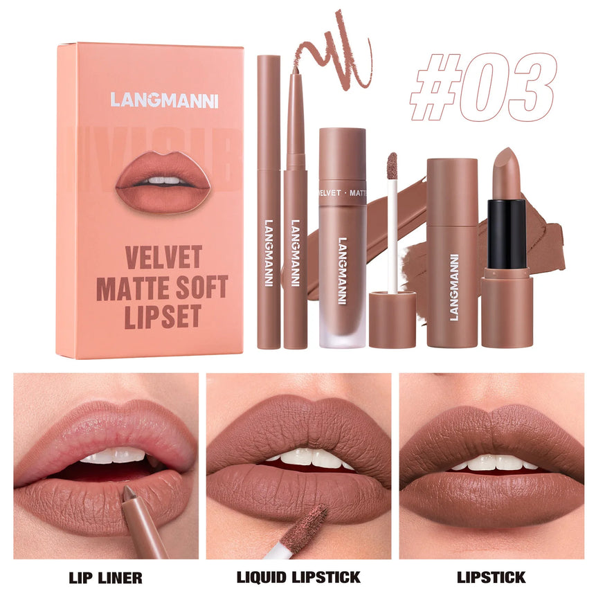 3pcs/Set Long Lasting Waterproof Lip Makeup Kit - Soft Smooth Creamy Lipliner Lipstick & Liquid Velvet Lipstick Set