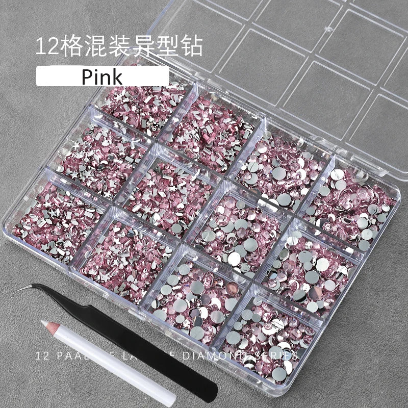 12Grids(400-500pc) 3D White Flat-Back Nail Art Rhinestones Irregular Resin Gems Nail Jewels for Face Eye Makeup Nail Decorations