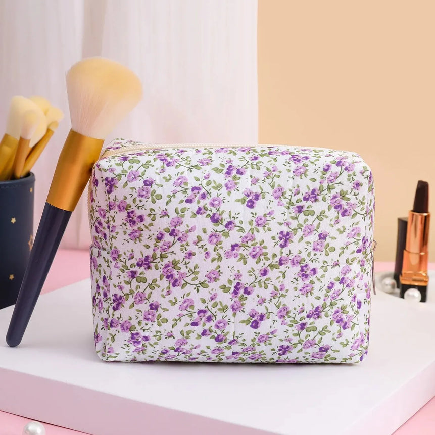 Storage Organizer Floral Puffy Quilted Makeups Bags Flower Printed Cosmetic Pouch Large Travel Cosmetics Bag Makeup Accessory