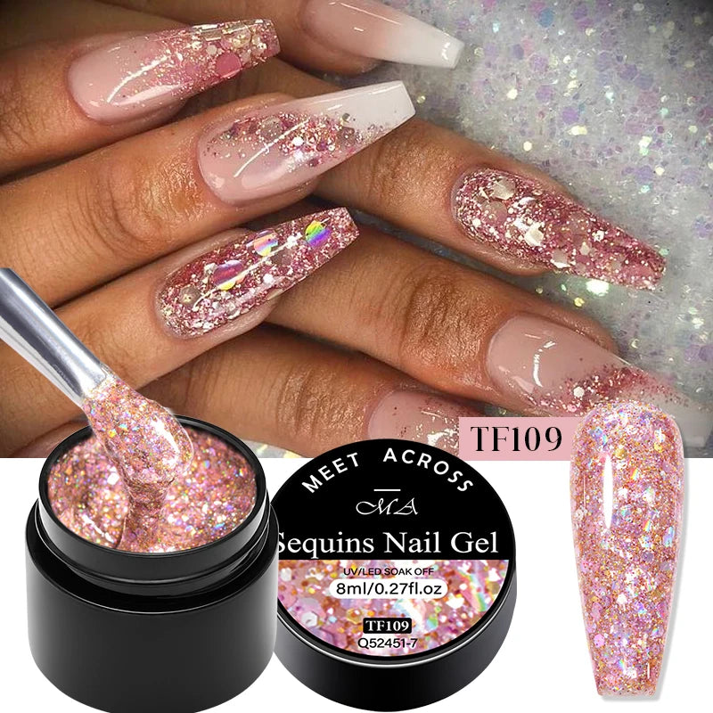 MEET ACROSS 8ml Pink Glitter Sequins Gel Nail Polish Shiny Sparkling Platinum Semi Permanant Soak Off Nail Art Varnish Manicure