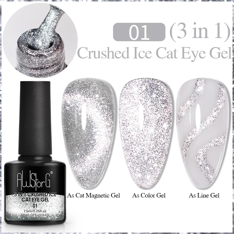 AWStorG 7.5ML Golden Gradient Cat Eye Magnetic Gel Sparkling Glitter Nail Polish Semi Permanent UV Nail Art No Need Base Color