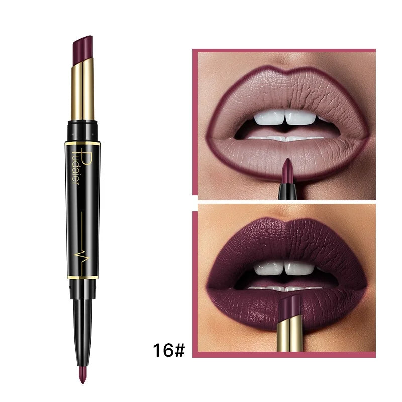 2 in 1 Lipstick and Lip Liner Pen, Matte Waterproof Long Lasting Lip Makeup Tool, Non-Fading Smooth Velvet Finish